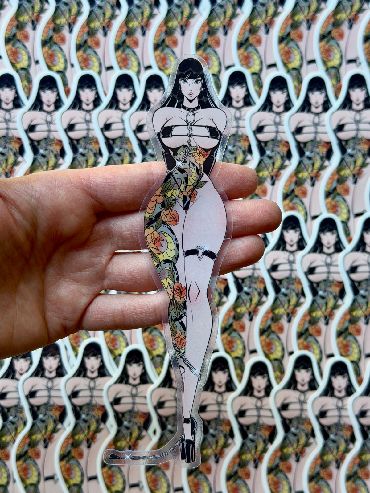 pinup with snake tattoo and chain collar clear vinyl jumbo sticker