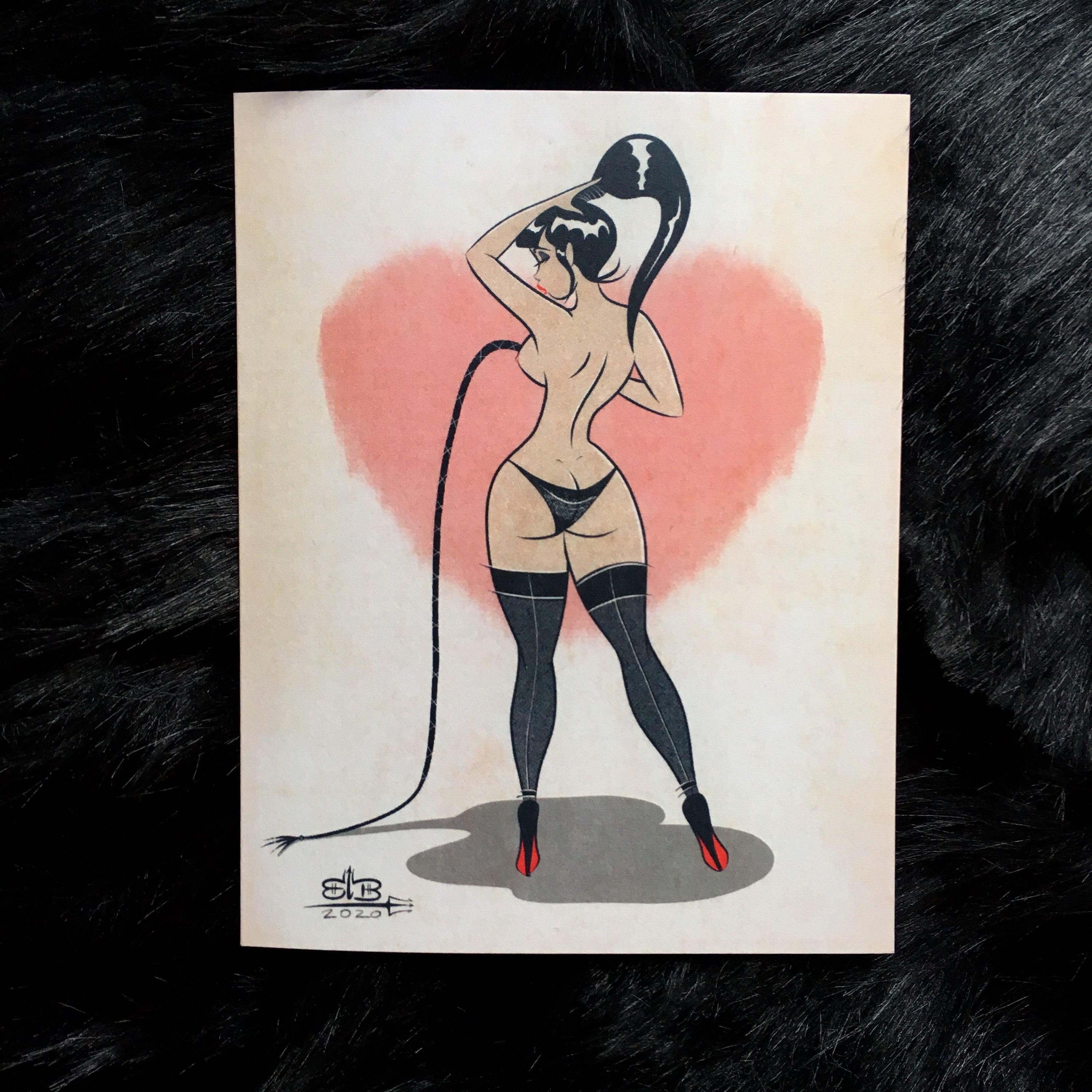 whip valentines day card of woman holding whip and topless by bloodknotcollective