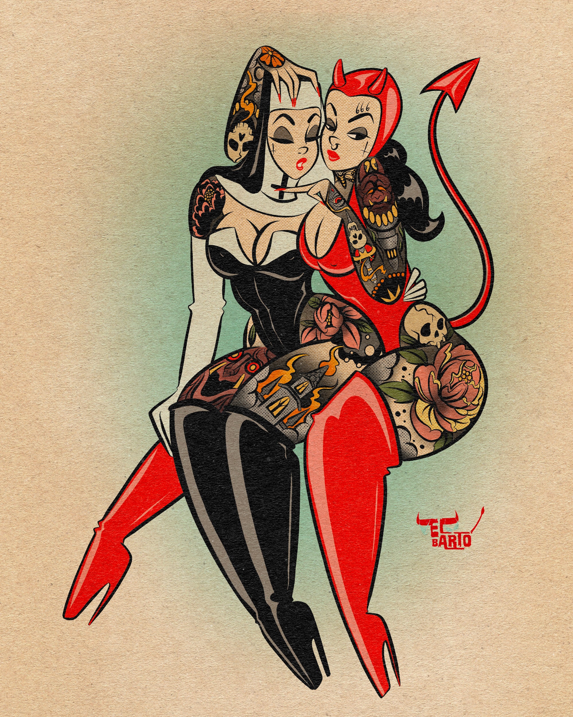 wicked ladies print - one devil and one nun with tattoos sitting