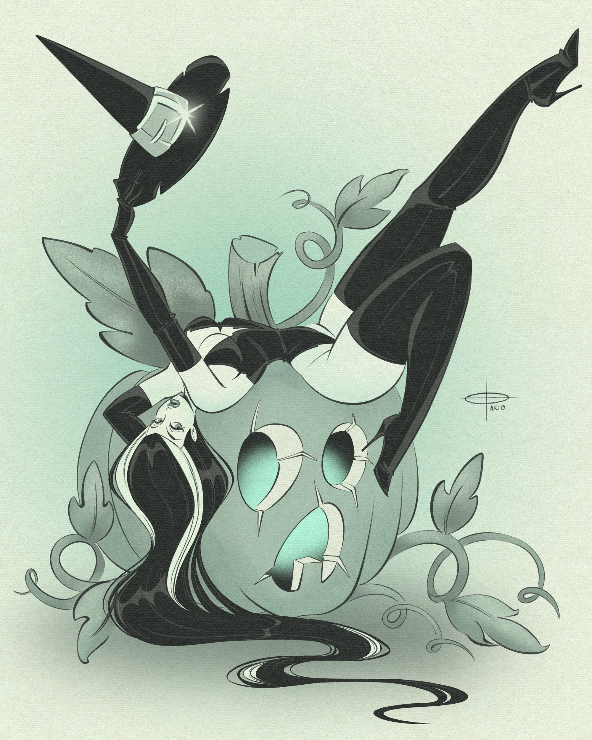 Witch season print of witch leaning on pumpkin by Bloodknotcollective 