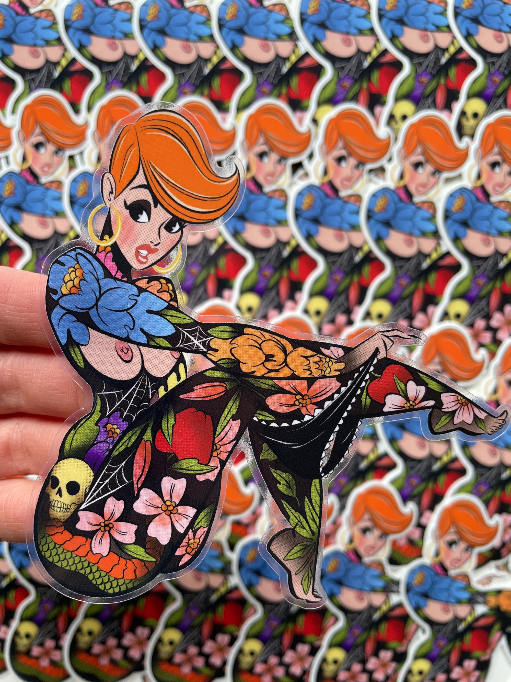 nude woman taking off underwear with tattoos clear vinyl sticker by bloodknotcollective