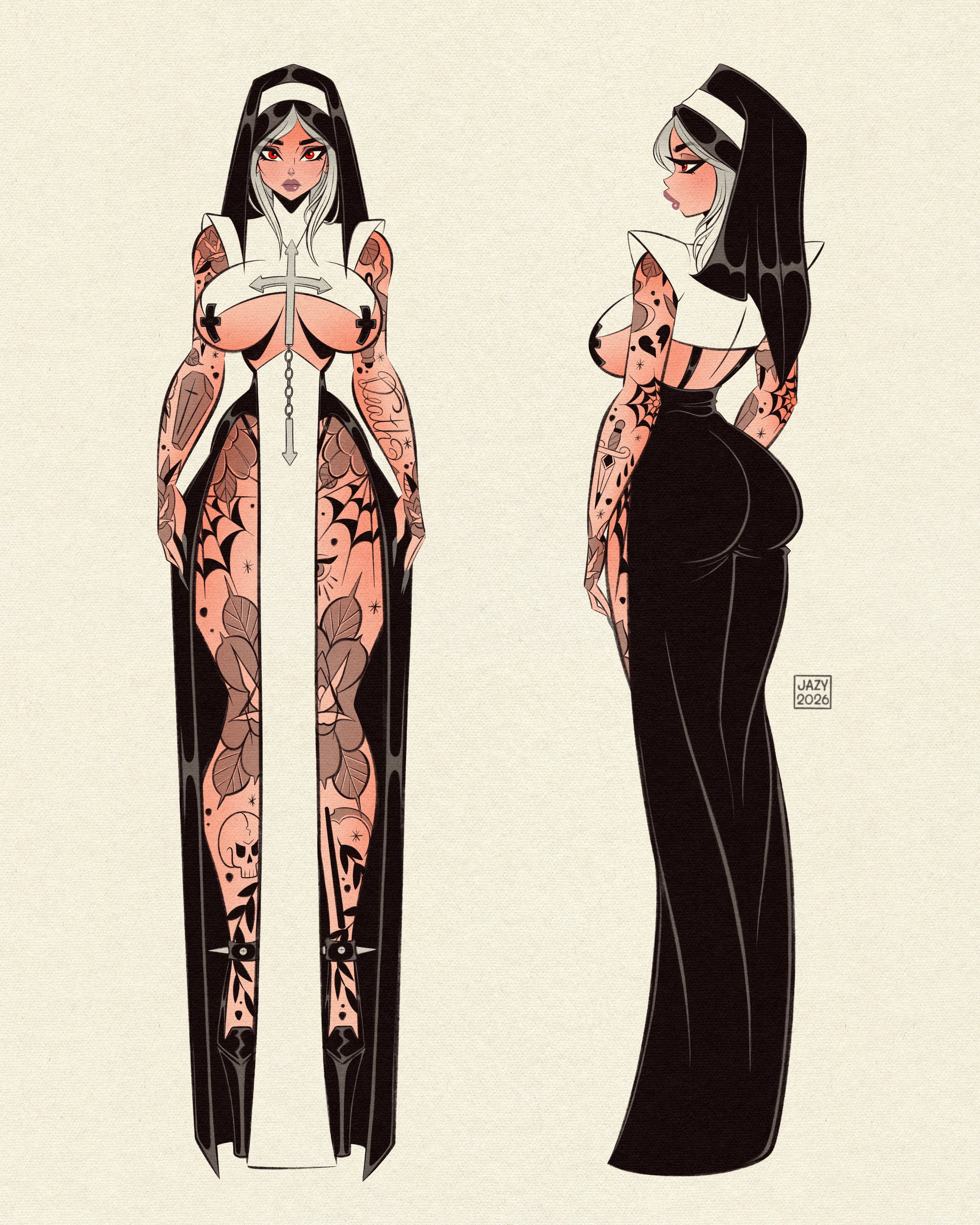Character sheet of two gothic nuns. Each has traditional tattoos. One nun is facing forward and the other in the backview. 