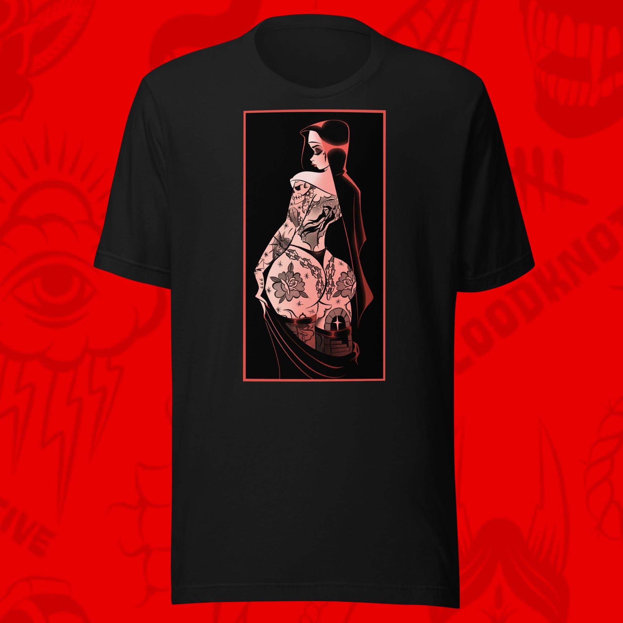 worship tee of tattooed nun on black tee by bloodknotcollective