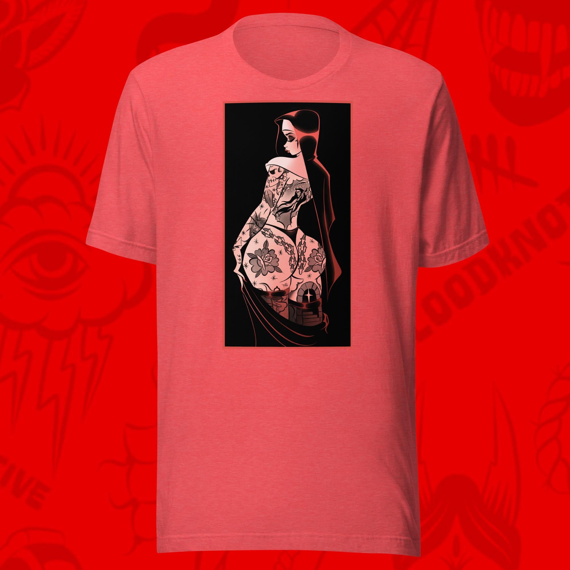 worship tee of tattooed nun on red tee by bloodknotcollective