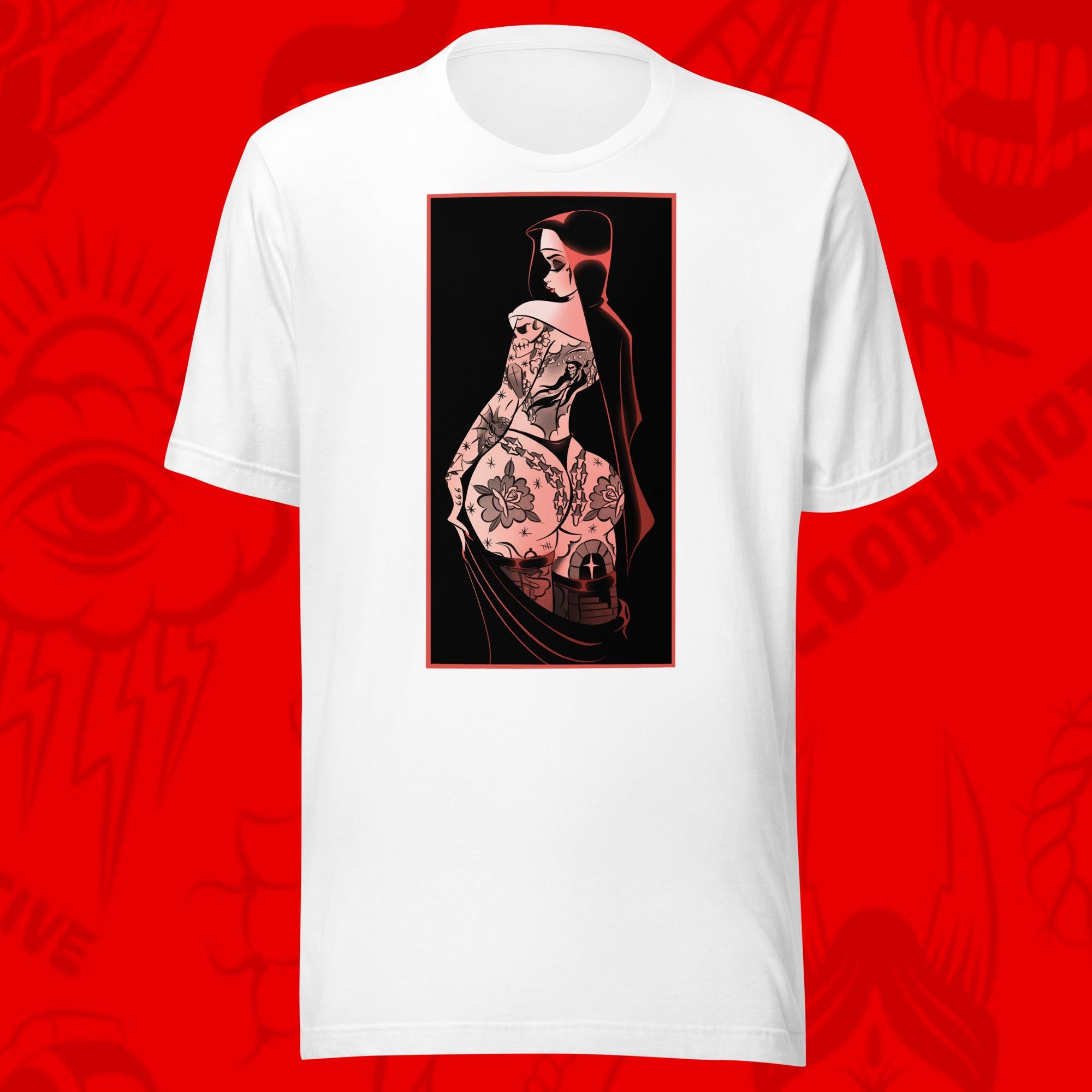 worship tee of tattooed nun on white tee by bloodknotcollective