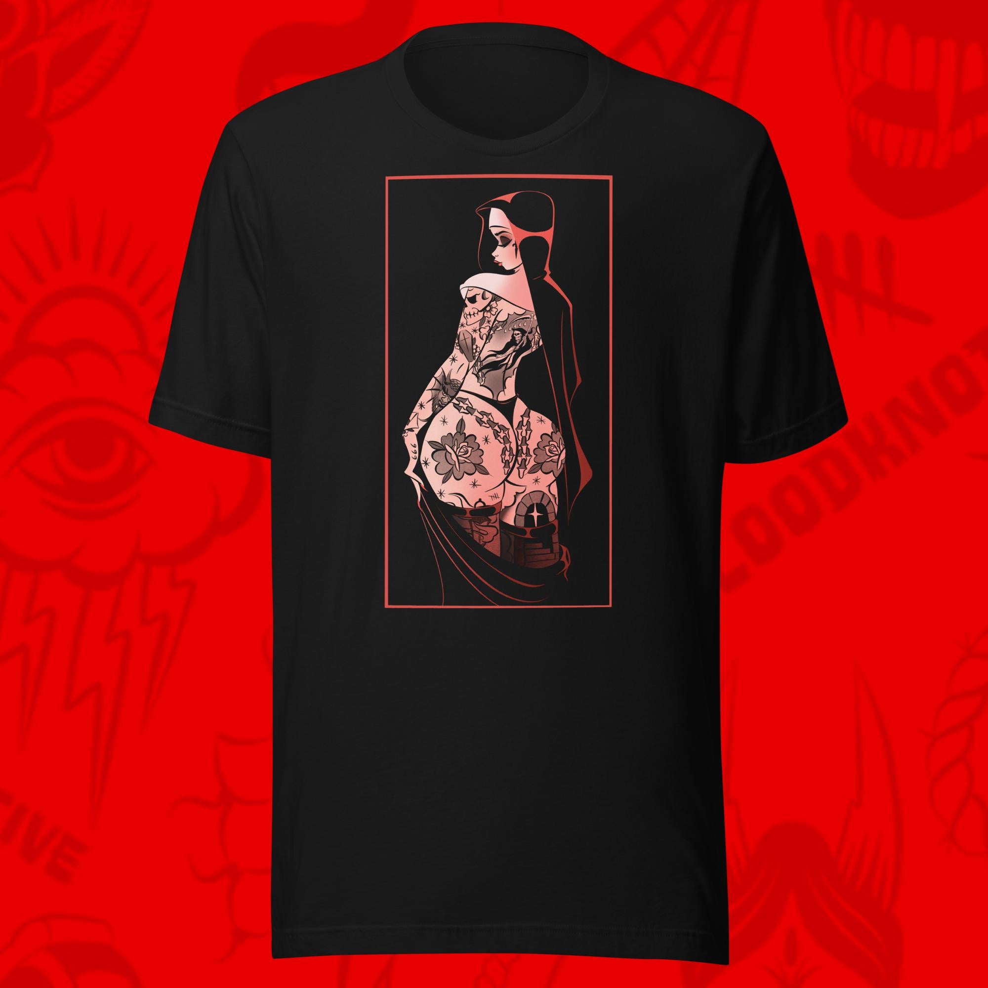 black t shirt of tattooed satanic nun by bloodknotcollective
