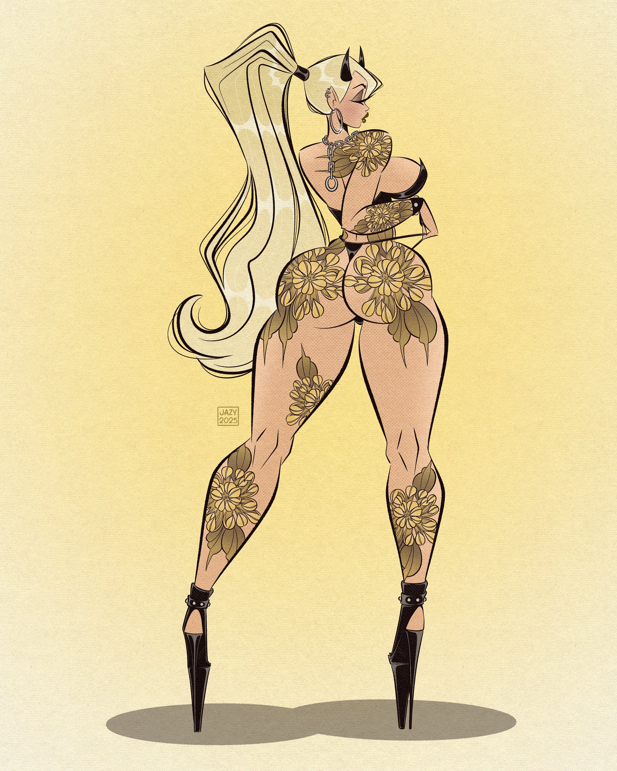 gothic yellow demon with chrysanthemum tattoos print by bloodknotcollective
