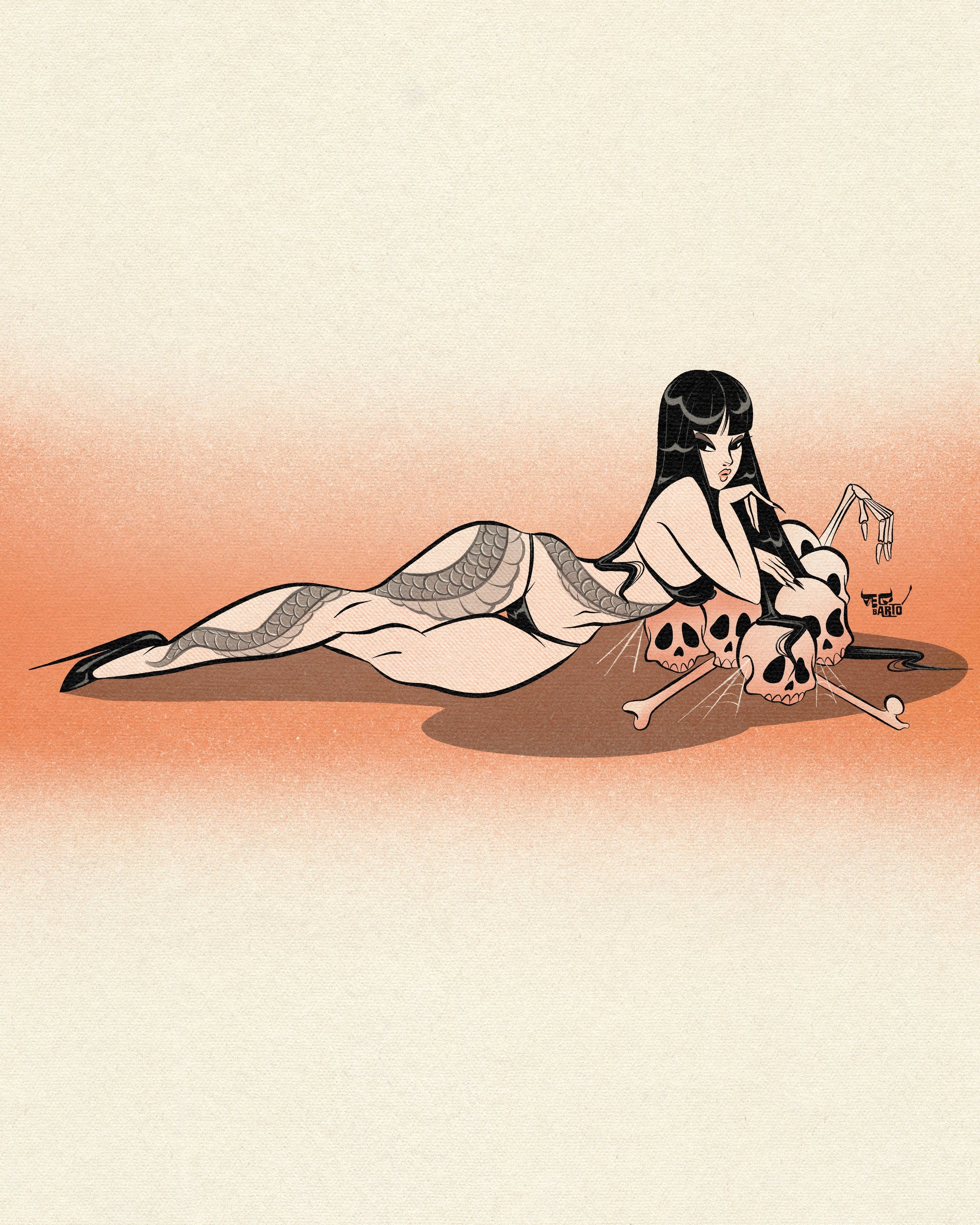 yokai nure-onna print with asian lying down on pile of skulls 