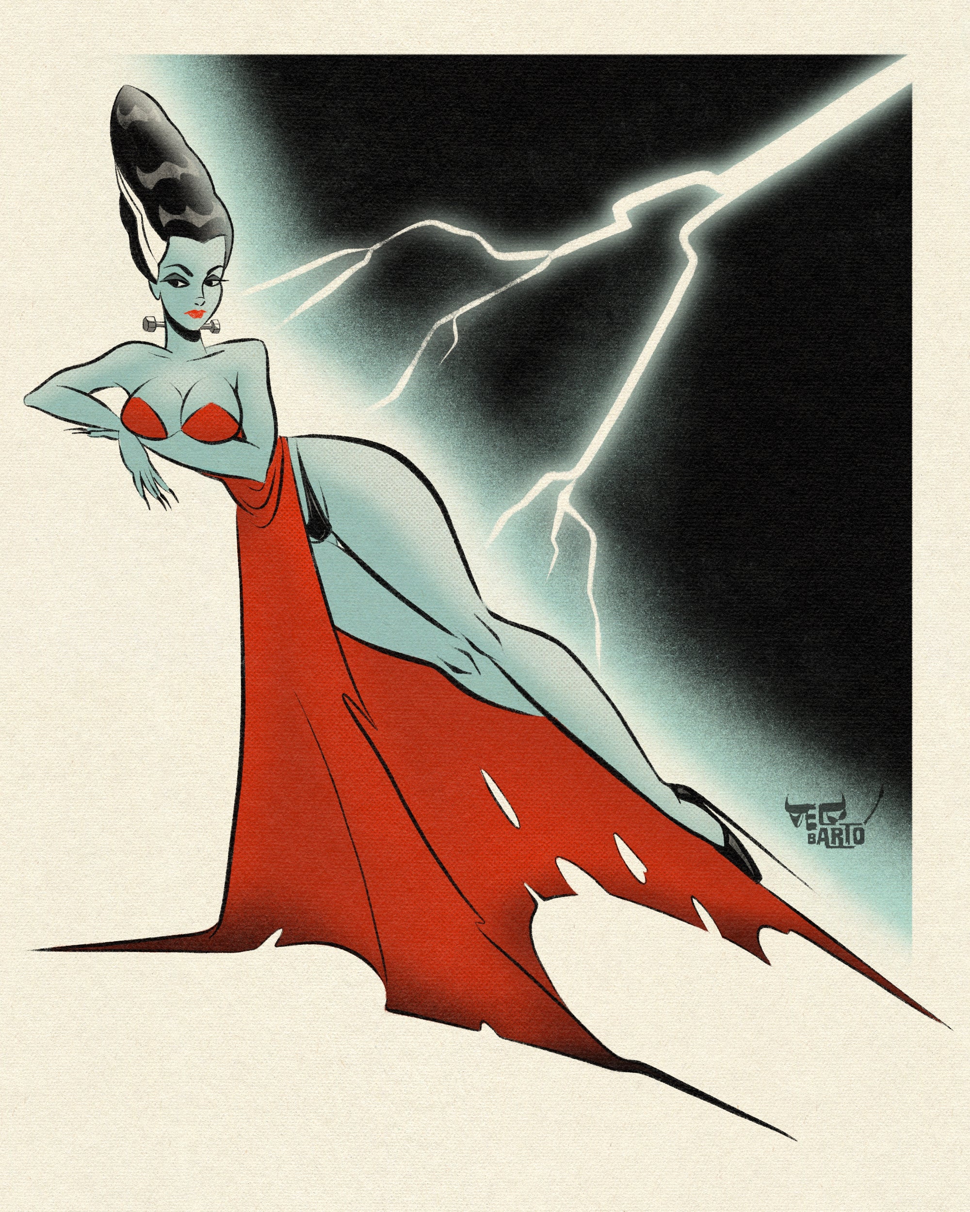 you look good in red print with bride of frankenstein in red dress and lightning