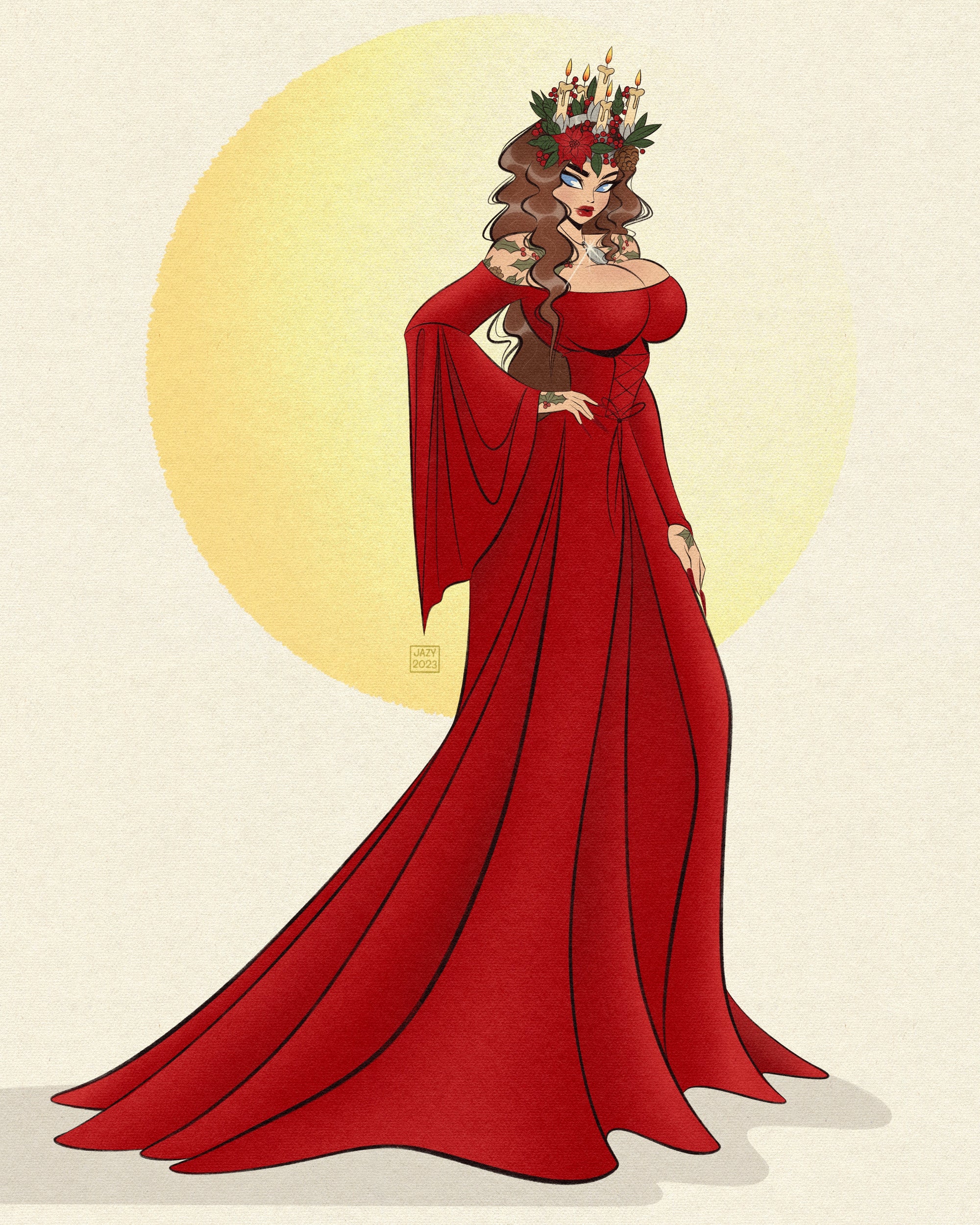 Yule pinup print of woman with candle headdress by Bloodknotcollective